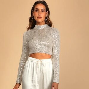 Lulus Silver Sequin Long Sleeve Mock Neck Crop Top Size XS